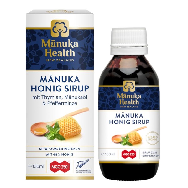 Manuka Health Manuka Honig Sirup MGO 250+ 100 ml mit Thymian, Manukaöl und Pfefferminze